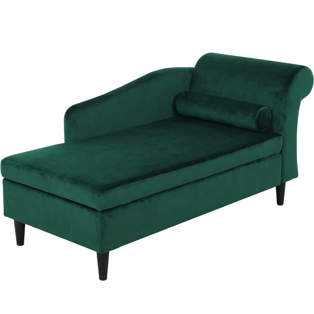 Sofá chaise longue de terciopelo verde con almacenaje derecha