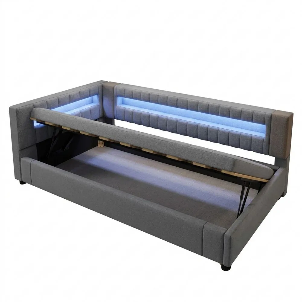 Cama con Almacenamiento y Luz LED, 90 x 200 cm, Función de Carga USB y Tipo-C, Cama Individual para Niños