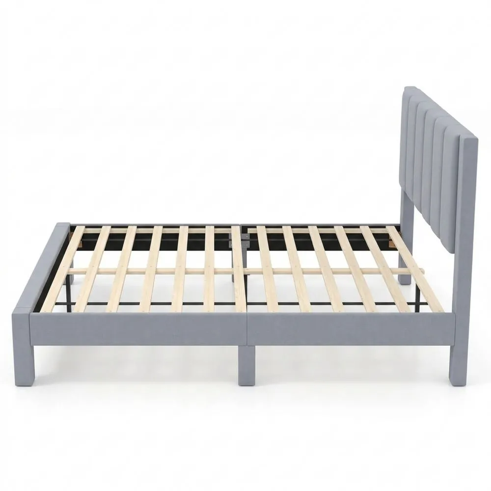 Cama Doble de Terciopelo con Respaldo y Soporte de Lamas de Madera, 200 x 140 cm, Sin Necesidad de Base, Carga 250 kg, Gris