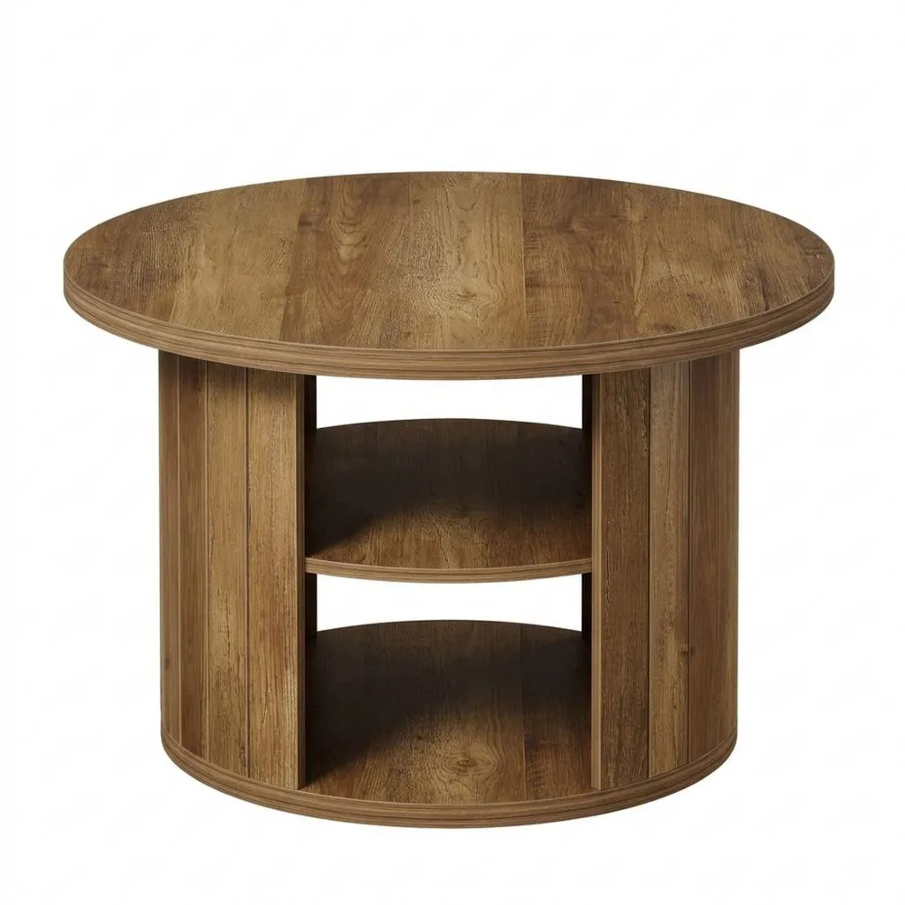 Mesa de centro redonda de 2 niveles, 80x80x50cm, mesa industrial para sala de estar, oficina, marrón rústico