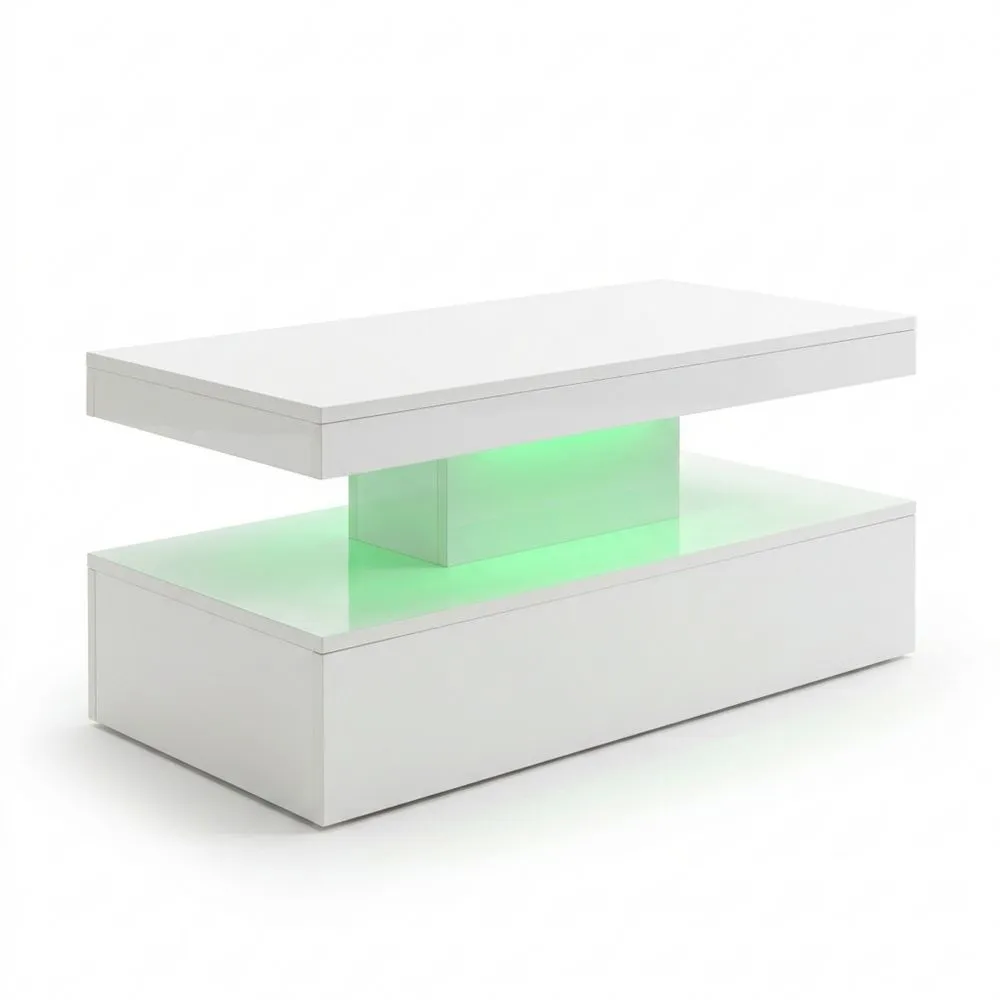 Mesa de Centro Blanca con Luces LED para Sala de Estar, Diseño Moderno con Dos Estantes, Funciona con Batería