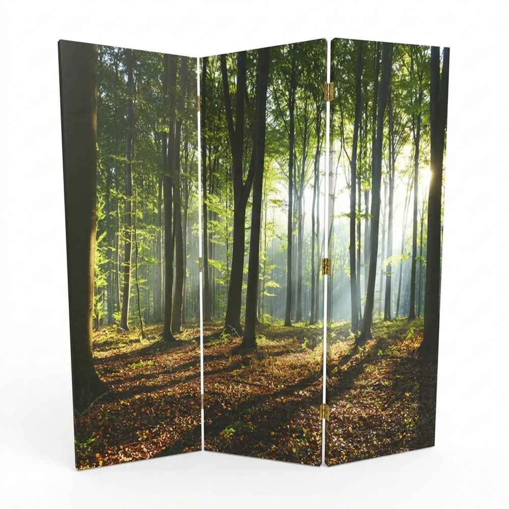Biombo Decorativo de Lienzo, Paisaje Natural de Árboles y Bosque, Verde, 3 Piezas
