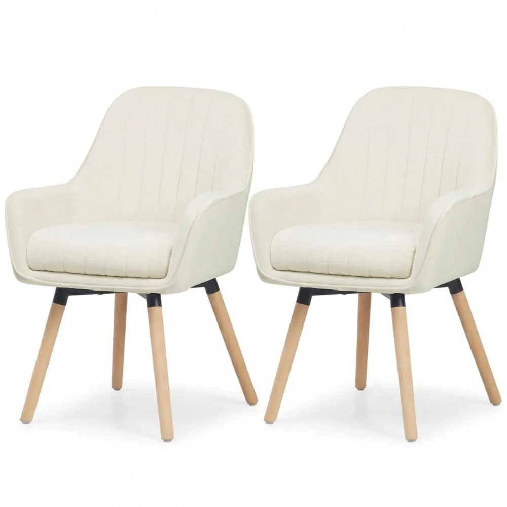 Juego de 2 sillas de comedor giratorias, tapizadas en terciopelo crema