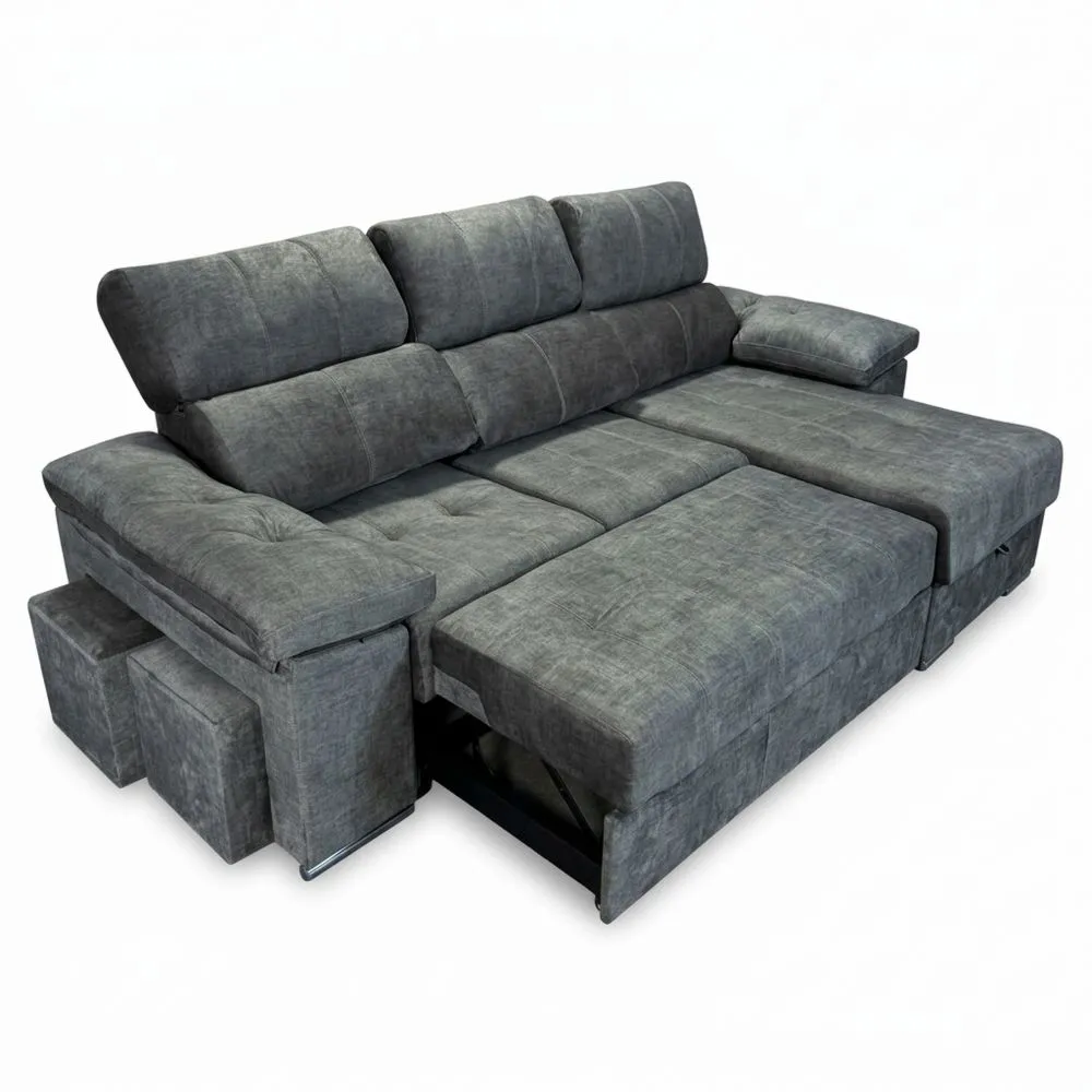 Sofá Chaise Longue Derecho con Dos Taburetes y Baúl de Almacenaje, Práctico y Funcional, Reclinable y Desenfundable, Color Marengo