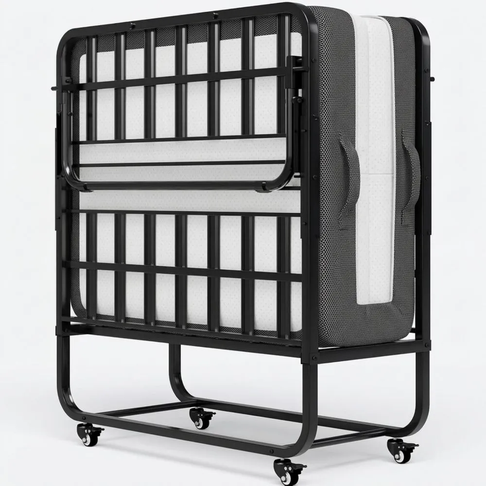 Cama Plegable 90x200 cm con Colchón Viscoelástico de 13 cm y 4 Ruedas, Estructura Metálica Estable, Ahorra Espacio y Fácil de Montar