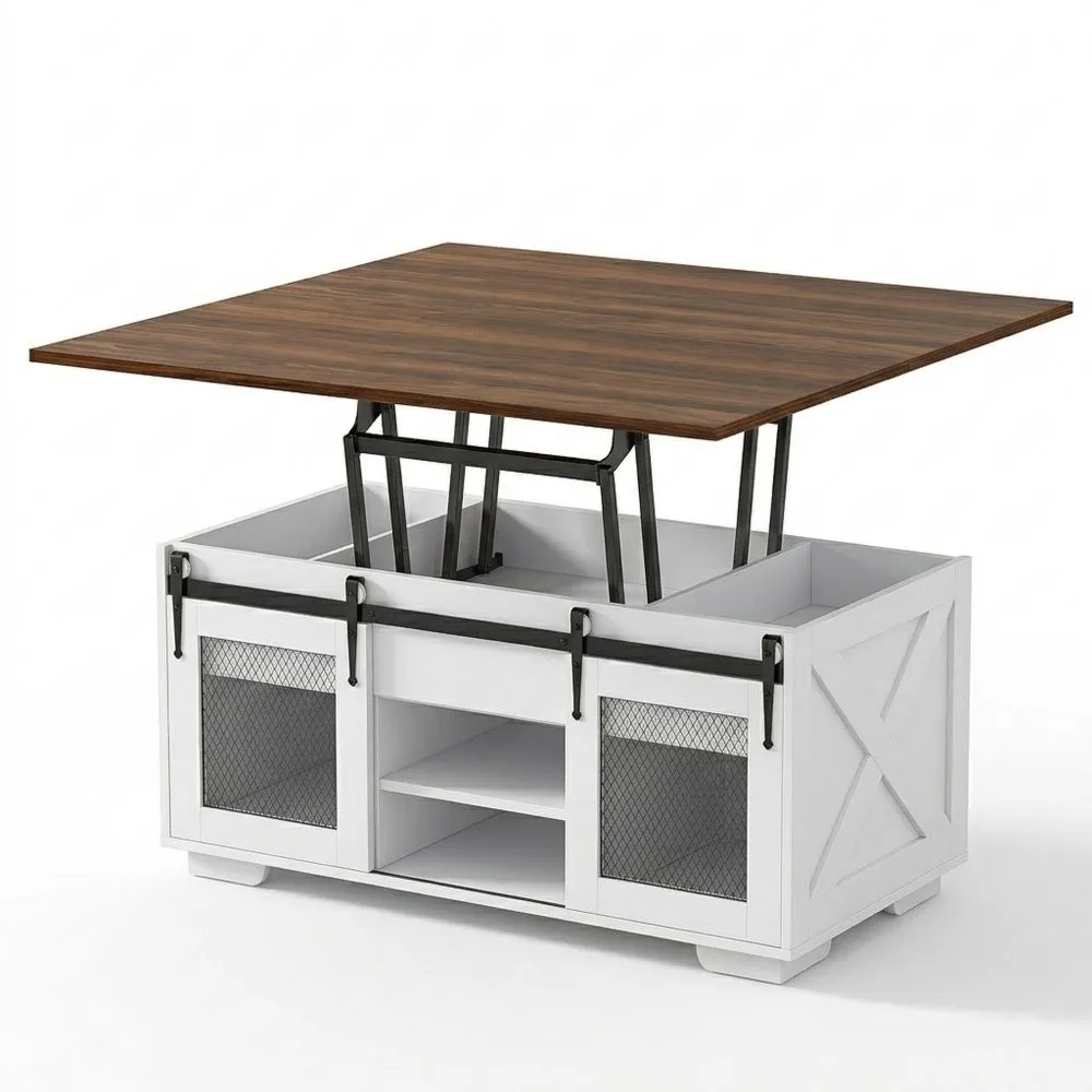 Mesa de centro elevable multifuncional con almacenamiento oculto, estilo rústico