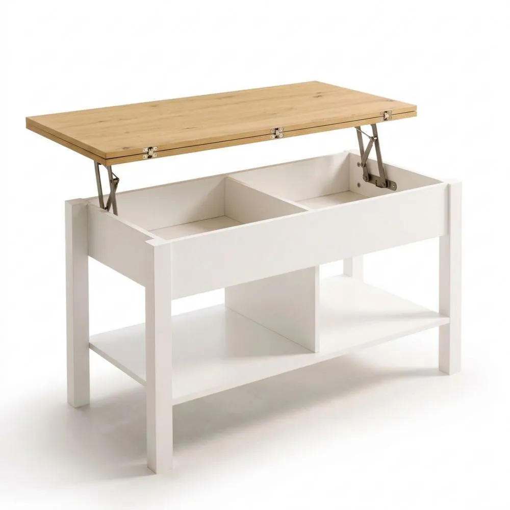Mesa de Centro Moderna Elevable con Almacenamiento y Espacio Extensible - Blanco y Madera