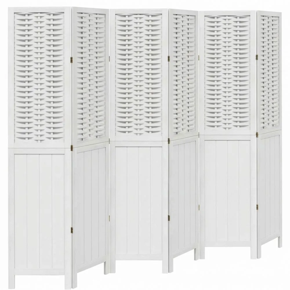 Biombo de 6 Paneles para Dividir Espacios, Madera de Paulownia Blanca