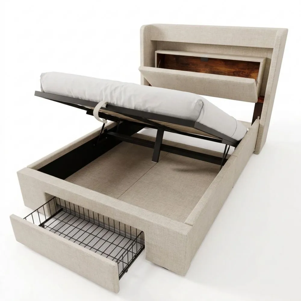 Cama Individual 90x200cm con USB y LED, Almacenamiento Hidráulico y Cajón