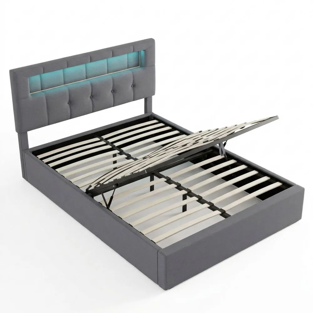 Cama tapizada 90 x 200 cm con base de listones y almacenamiento con LED