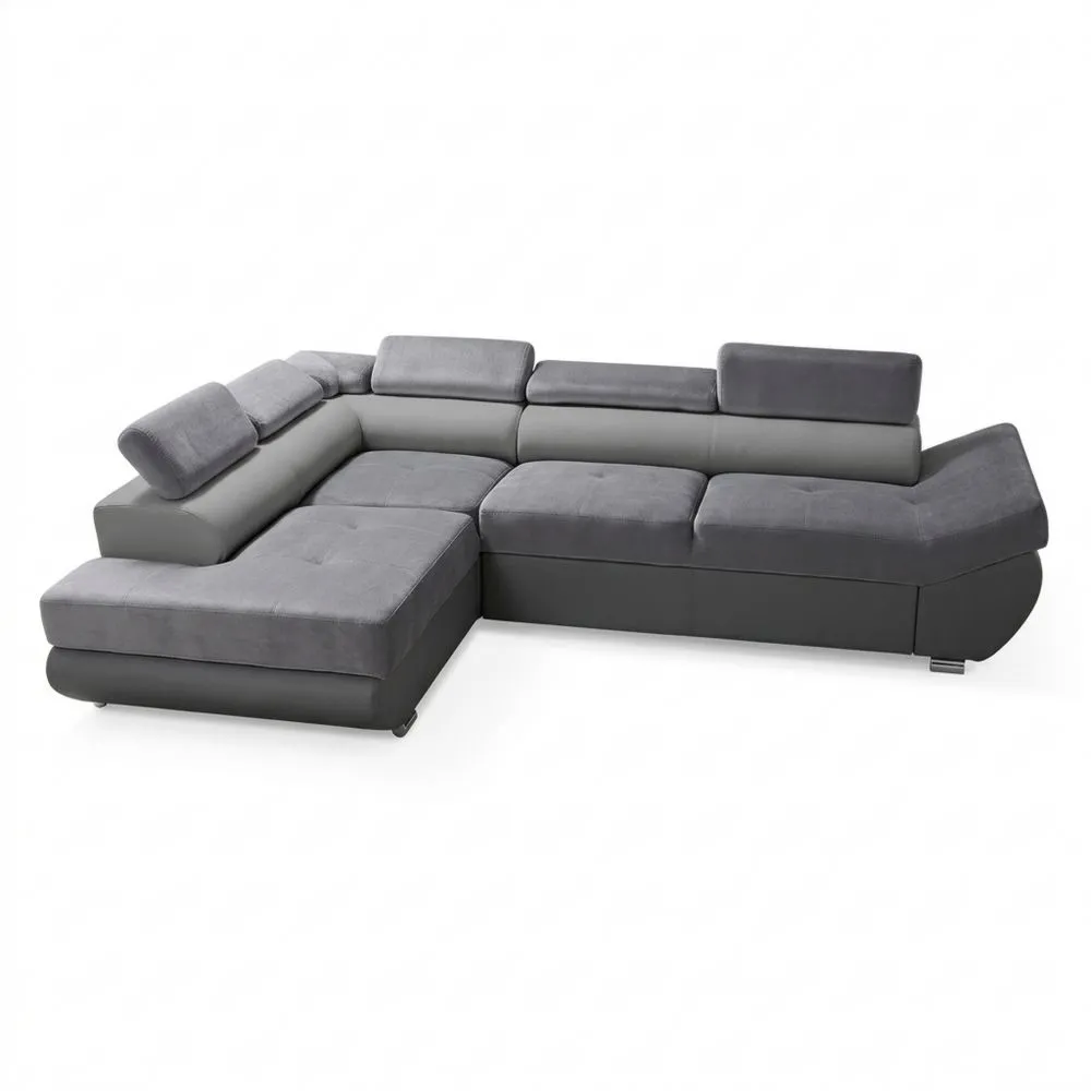 Sofá esquinero en forma de L con función de cama y cojines, tapizado