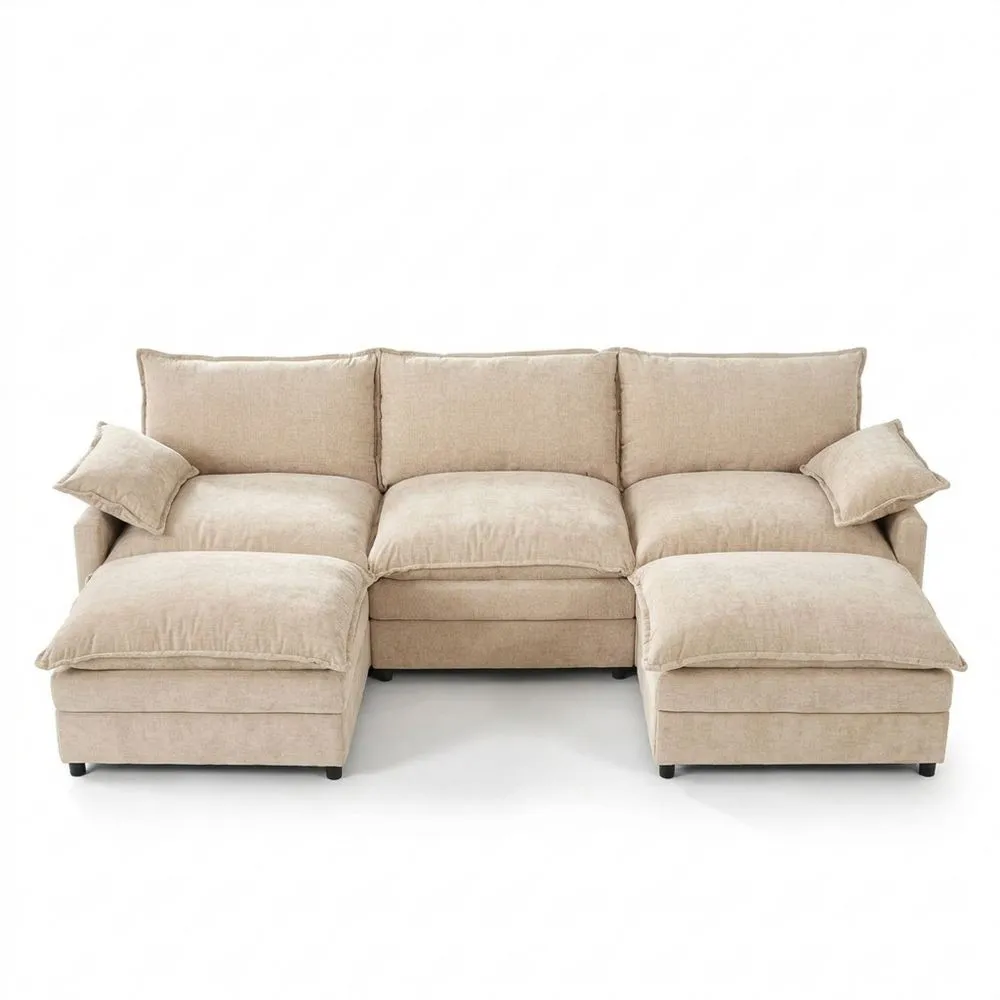 Sofá Modular en Forma de U de 3 Plazas con Taburete, Diseño de Asiento Profundo para Sala de Estar (Color Camel)