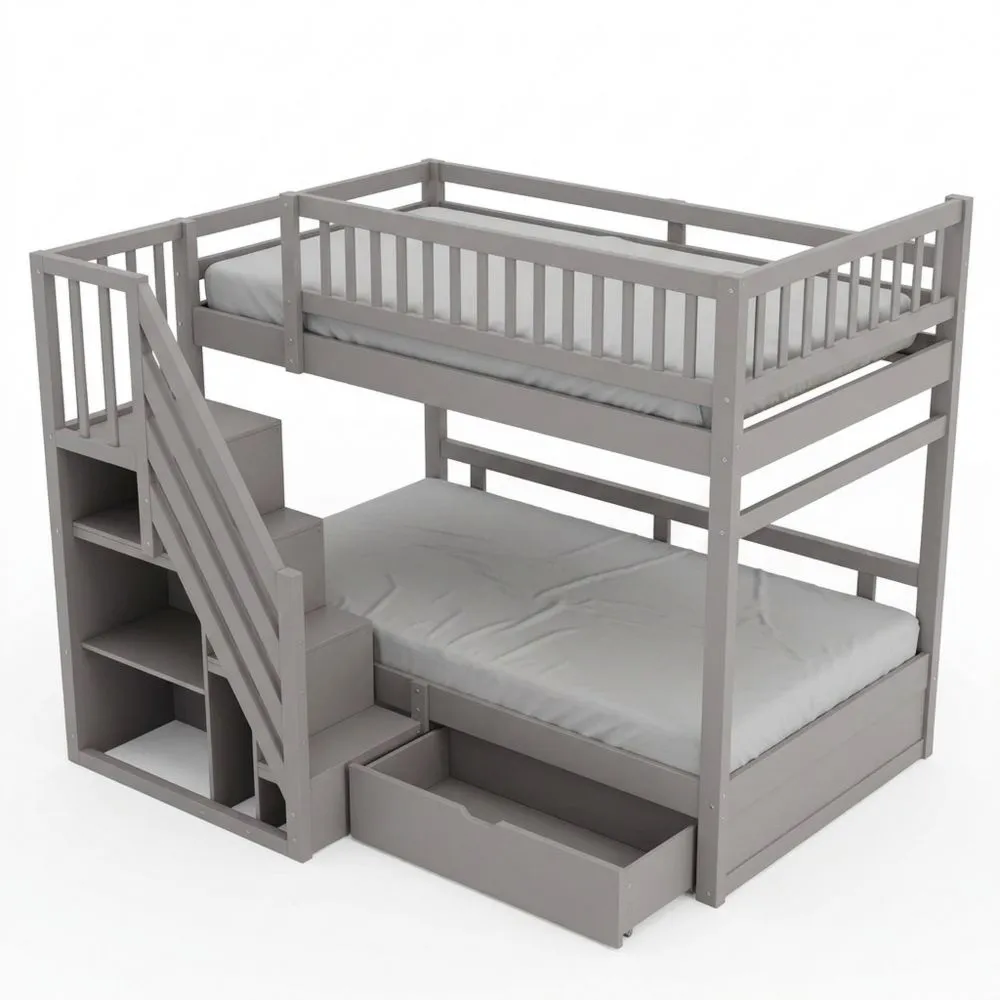 Litera de Madera Sólida con Escalera Segura y Espacio de Almacenamiento