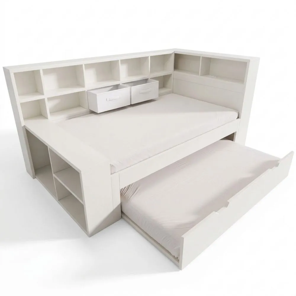 Cama Individual Infantil, Diseño Ahorra Espacio, Cama Nido y Estantes