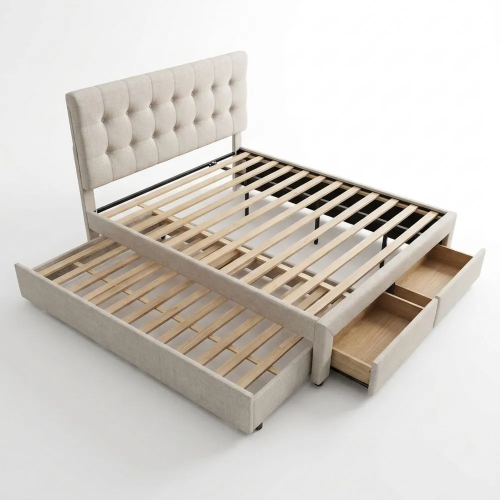 Cama Doble Tapizada 140 x 200 cm con Cajones y Cabecero Ajustable