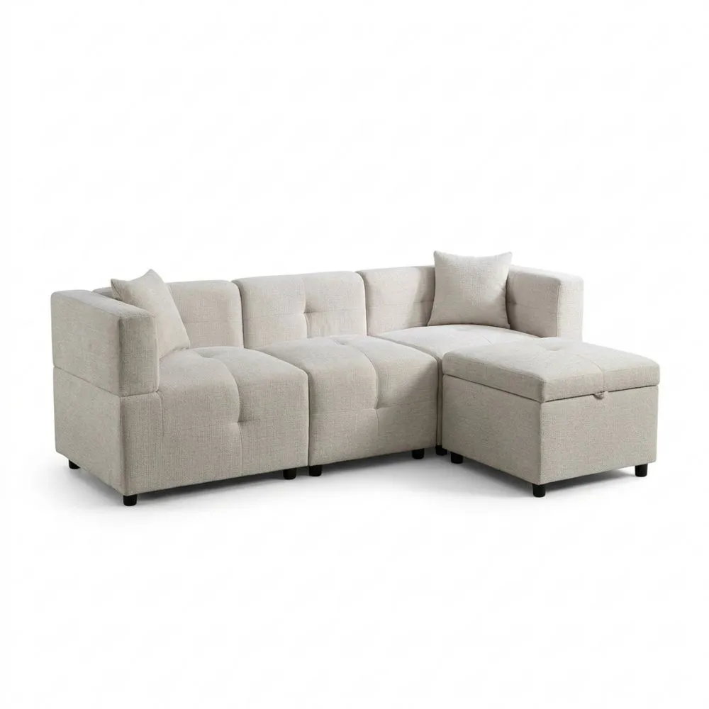 Sofá esquinero en forma de L con almacenaje, reposapiés desmontable y cojines, tela chenilla, ideal para salón u oficina, beige