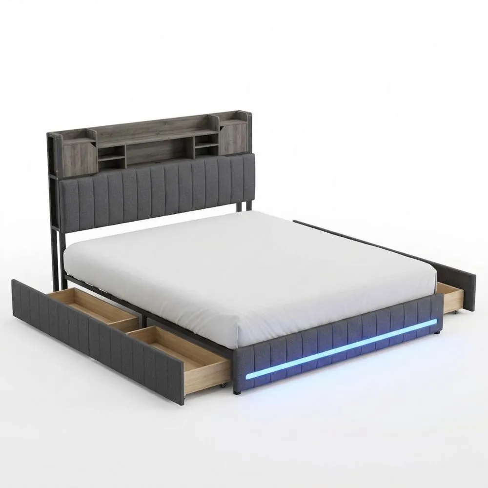 Cama Doble con LED, USB y Almacenamiento para Adultos y Adolescentes, Tela Gris 140 x 190 cm