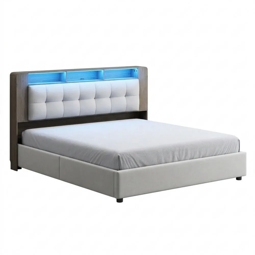 Cama Doble Tapizada LED con Almacenamiento y Carga Inalámbrica