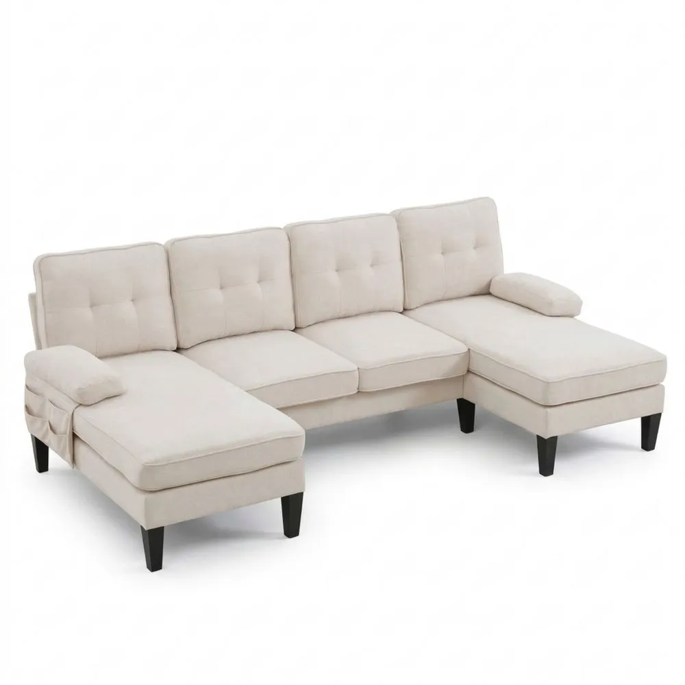 Sofá en Forma de U con Doble Chaise Longue, 4 Plazas con Puerto de Carga USB, Cojines y Respaldo Cómodo, Ideal para Salones y Apartamentos, Beige, Lino