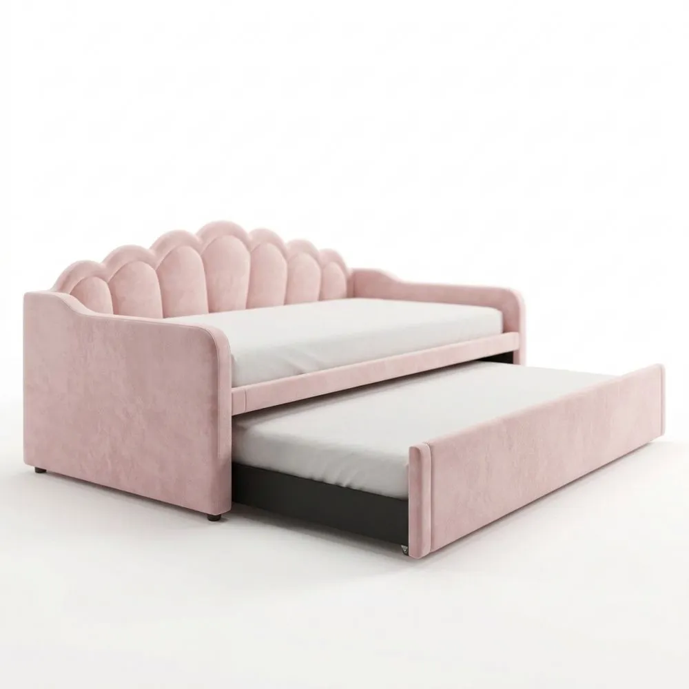 Cama de día con cama nido y luces LED, terciopelo, rosa, 90 x 200 cm