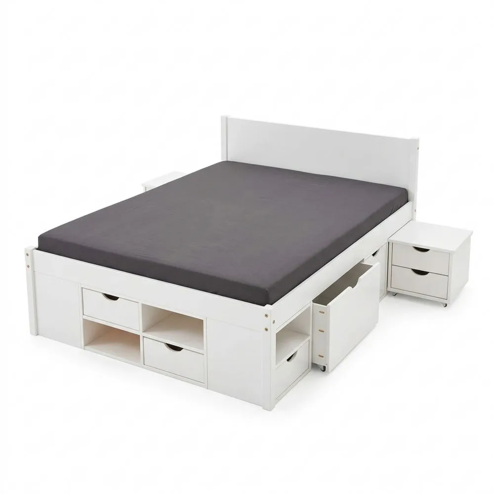 Cama doble multifuncional con almacenamiento y mesas de noche, 6 cajones y 8 compartimentos, madera maciza, con bases de láminas, barnizada en blanco, hasta 140 x 200 cm