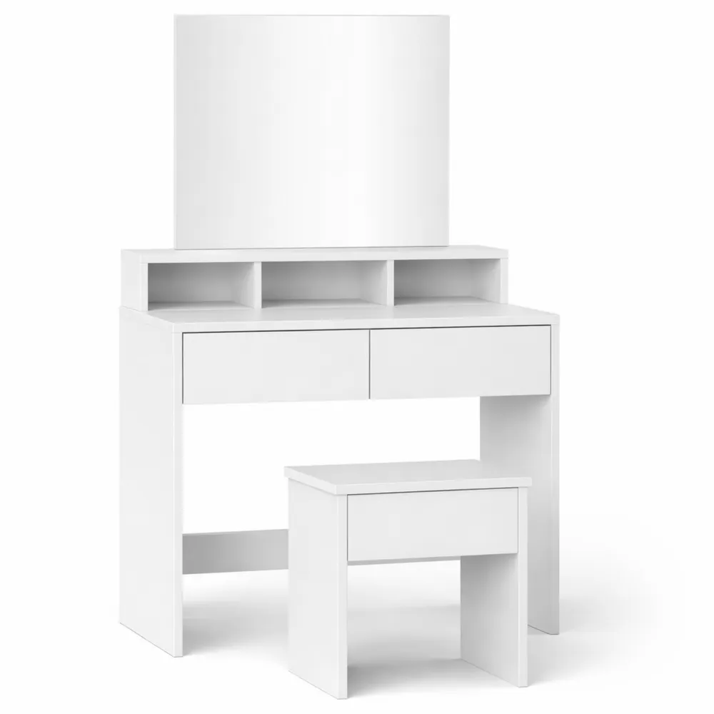Toeletta Trucco Moderna con Specchio e Sgabello, 3 Ripiani, 2 Cassetti, Legno Bianco-Doucefoyers