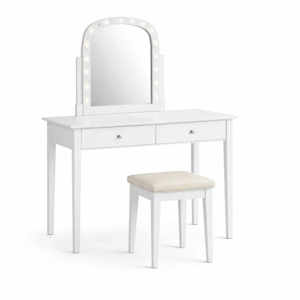 Toeletta da Trucco con Specchio LED Rotante e Sgabello, 4 Cassetti, Ideale per Camera da Letto-Doucefoyers