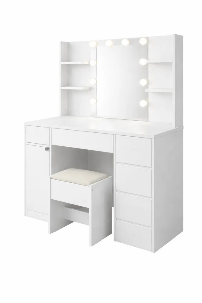 Toeletta Trucco con LED, Tavolo Moderno Bianco con Sgabello, Specchio Illuminato, 5 Cassetti e Ripiani-Doucefoyers