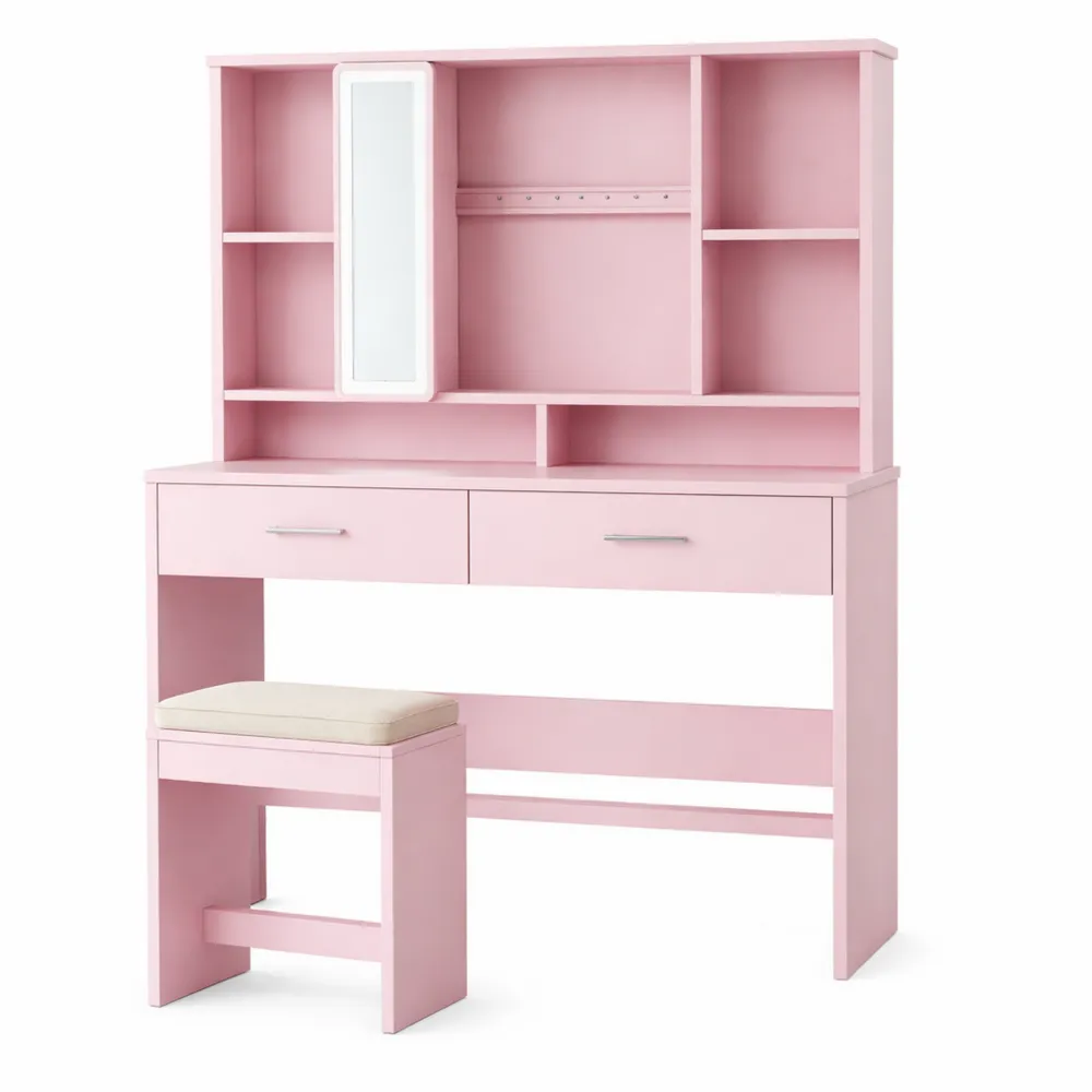 Toeletta da Trucco con Luci LED e Specchio, Sgabello Incluso, Ripiani Regolabili per Camera da Letto-Doucefoyers