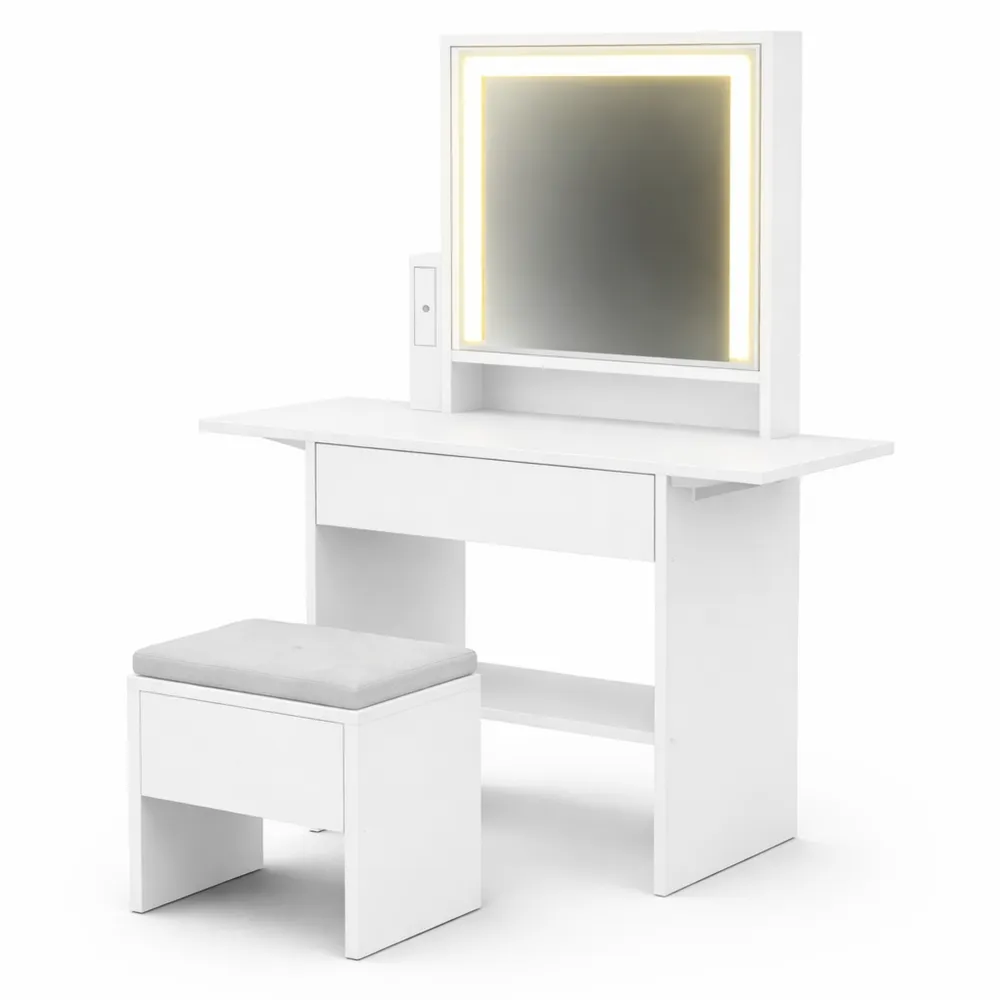 Tavolo da Trucco con Specchio Illuminato e Stazione di Ricarica, con Cassetto e Piani d'Appoggio Ribaltabili-Doucefoyers