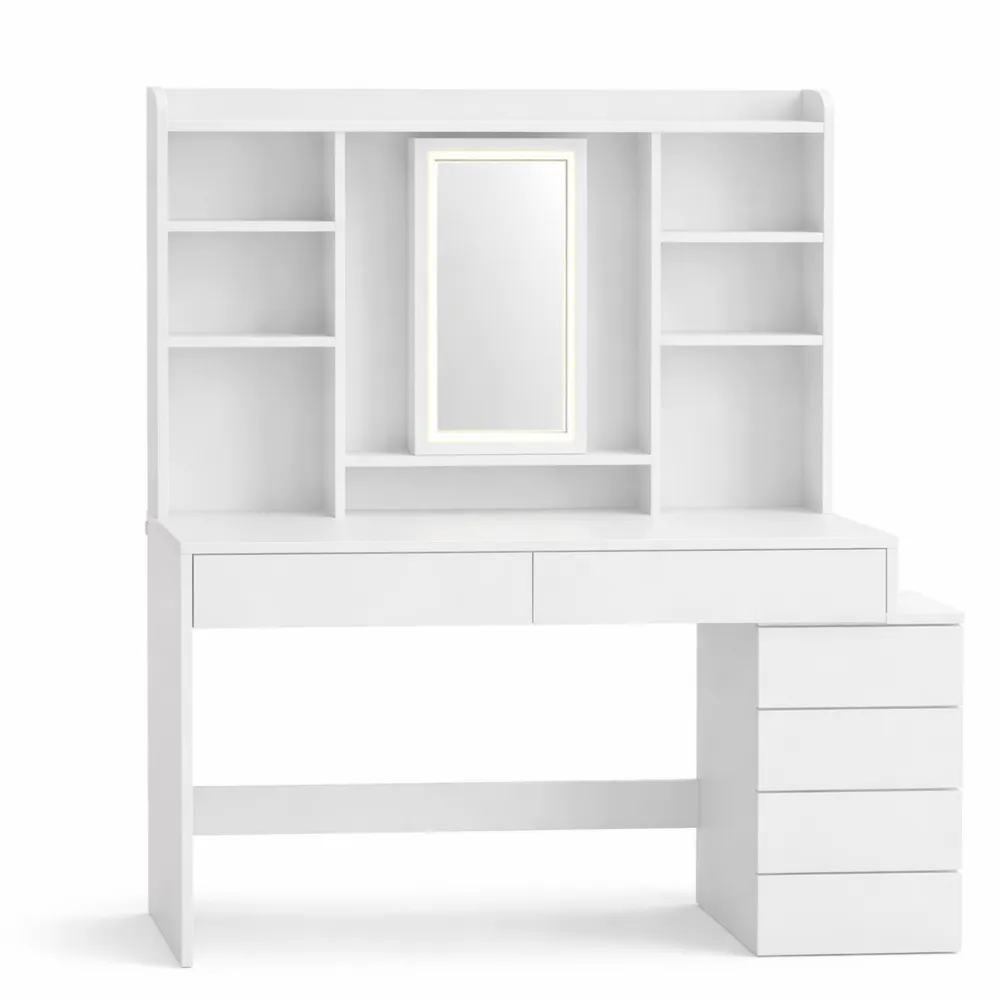 Toeletta Moderna con Luci LED Regolabili, Specchio e Ripiani Regolabili, Bianco-Doucefoyers