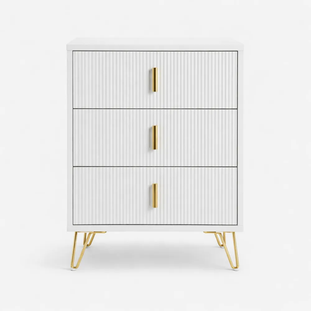 Comodino Camera da Letto con 3 Cassetti, Moderna Cassettiera Bianco-Doucefoyers