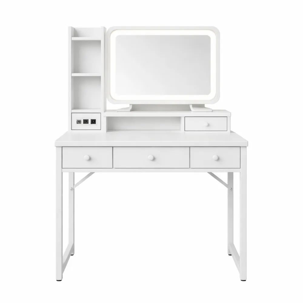 Toeletta Bianca con Specchio LED e Cassetti in Tessuto-Doucefoyers