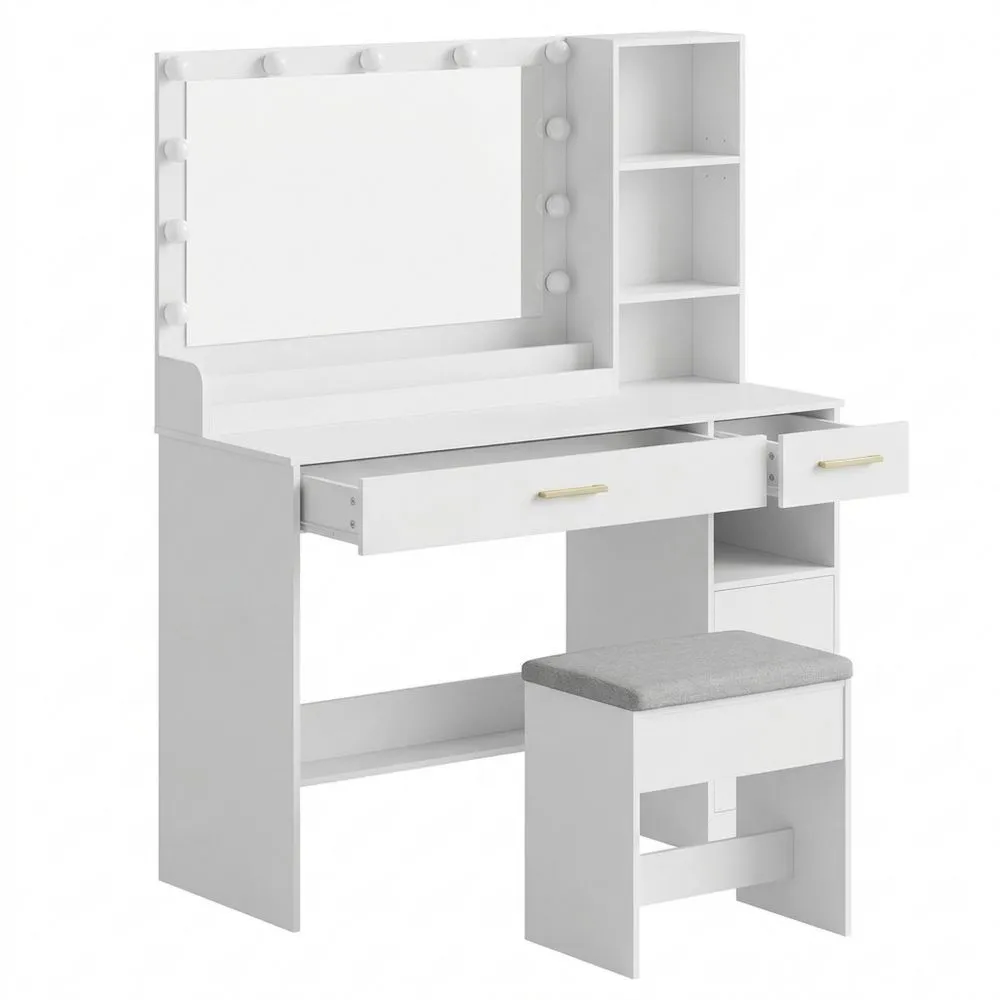 Tocador con Taburete y Espejo, Luces LED Ajustables, 2 Cajones, 4 Compartimentos, 1 Armario, Blanco