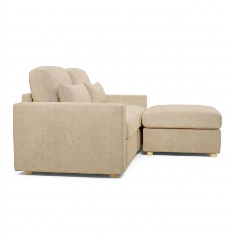 Sofá Modular Chaise Longue de 2 Plazas con Pouf y Almohadas, Beige