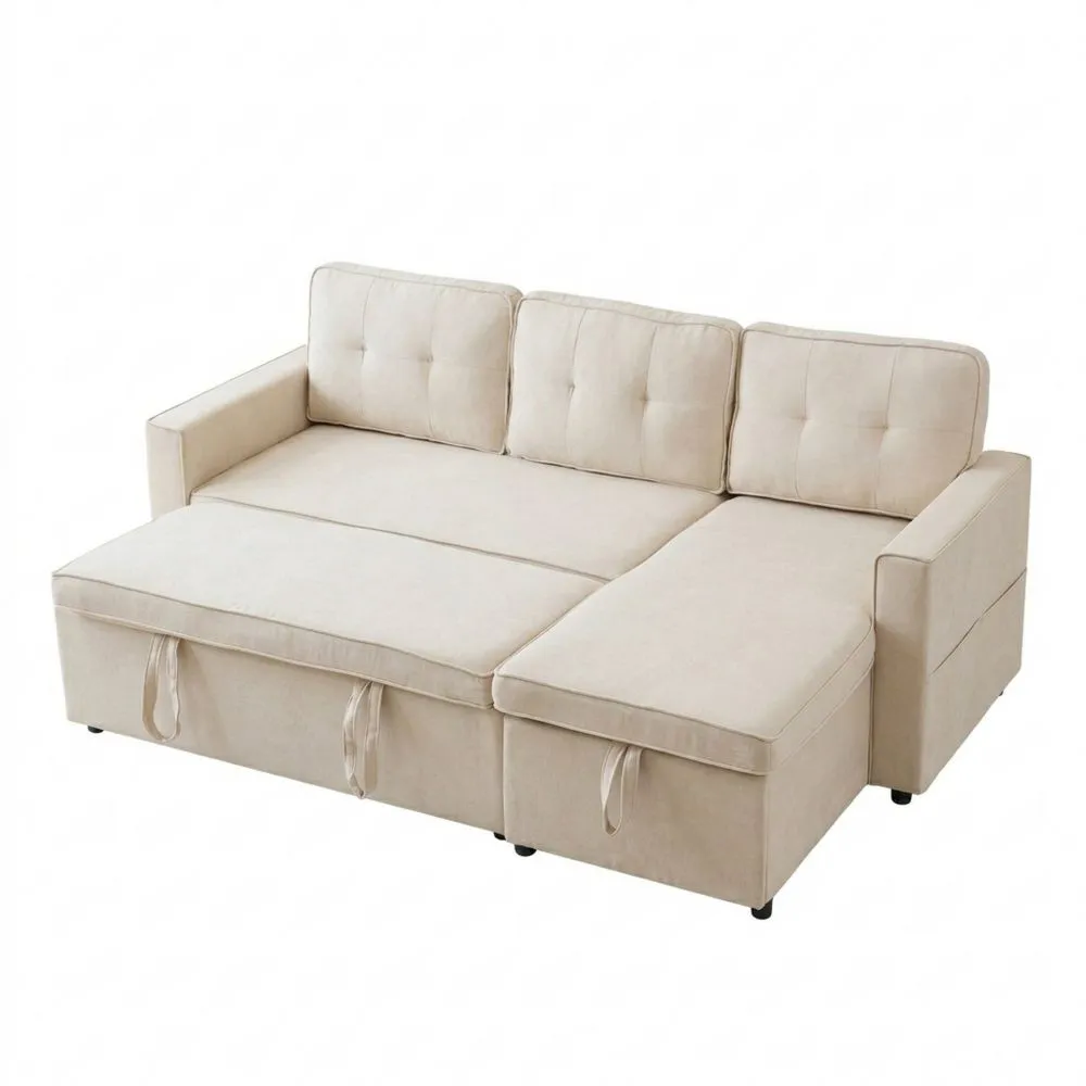 Sofá cama con función para dormir, diseño moderno en L, sillón para sala de estar con espacio de almacenamiento y soporte para bebidas, intercambiable izquierda/derecha (beige)