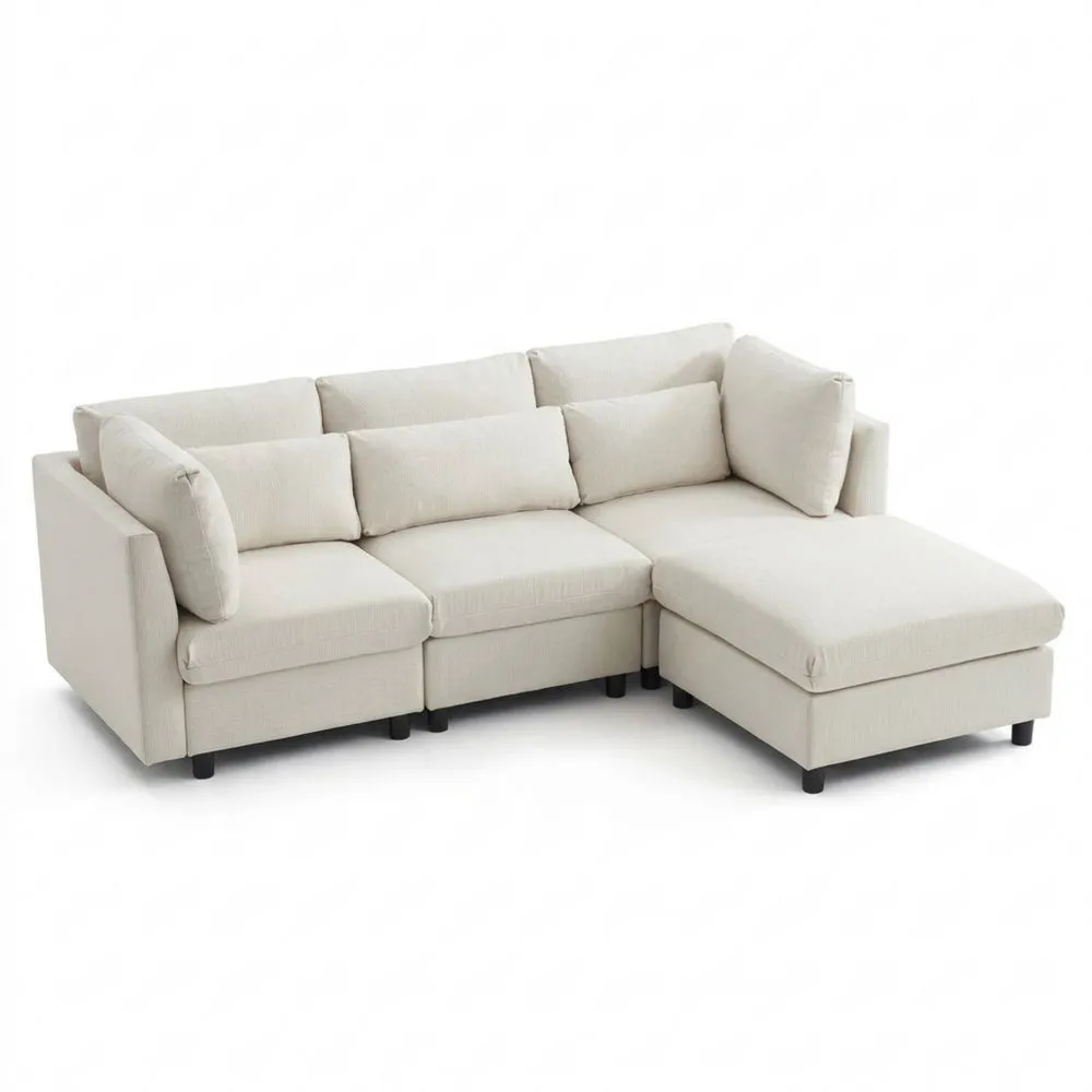 Sofá Tapizado de Diseño Moderno, Sofá de Tres Plazas, Sofá de Esquina con Reposapiés, Sofá en Forma de L, 220 x 83 x 81 cm (Beige)