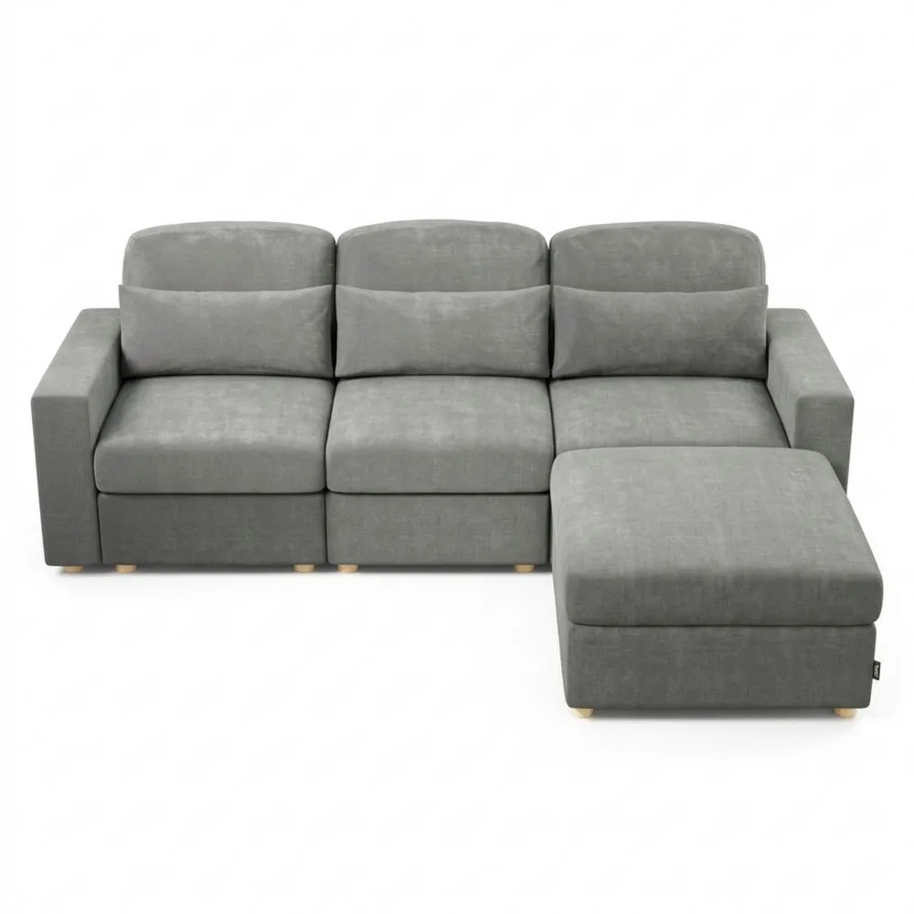 Sofá Chaise Longue Modular de 3 Plazas con Puff y Estructura Reforzada, Gris Oscuro