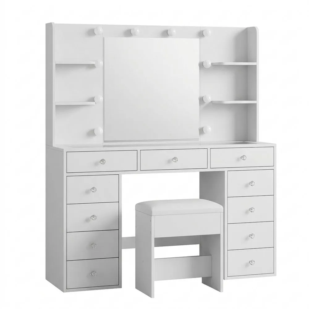 Tocador con Espejo y Luces LED, 3 Modos de Iluminación, 11 Cajones y 4 Estantes