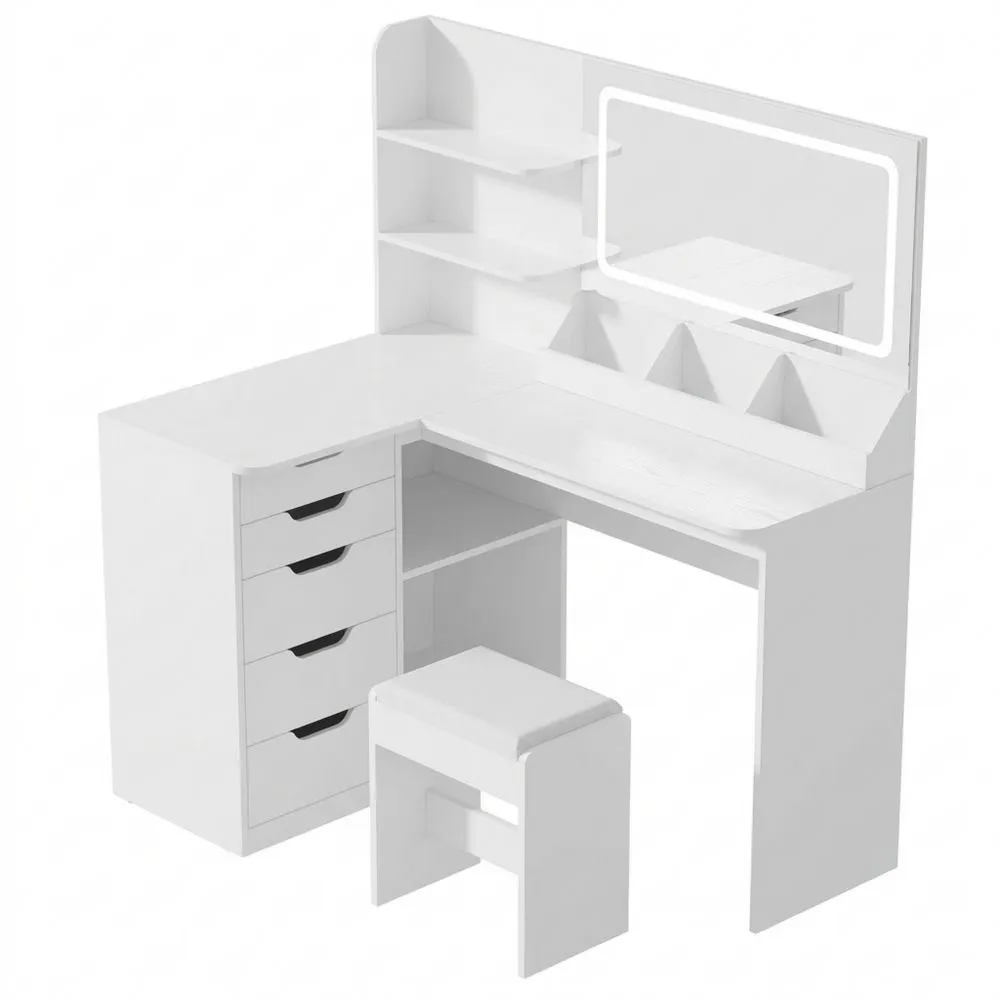 Tocador de Esquina con Espejo Grande y Luz LED, Mesa de Maquillaje con Silla y Cajones