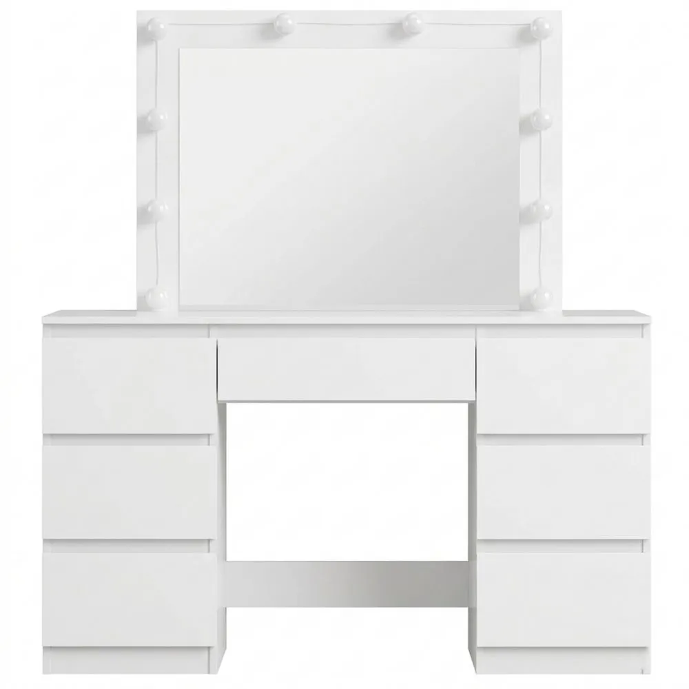 Tocador con Espejo y Luz LED, Luz Ajustable, 7 Cajones, para Dormitorio y Vestidor, Blanco