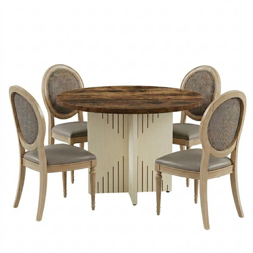 Mesa de Comedor Redonda para 4 Personas, Base de Pedestal, 100cm, Marrón y Beige