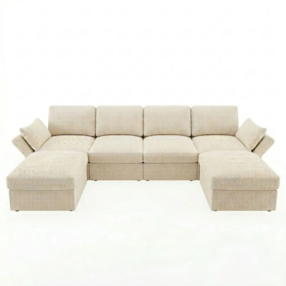 Sofá Esquinero en U Beige Modular de 6 Plazas para Salón y Dormitorio Estilo Moderno