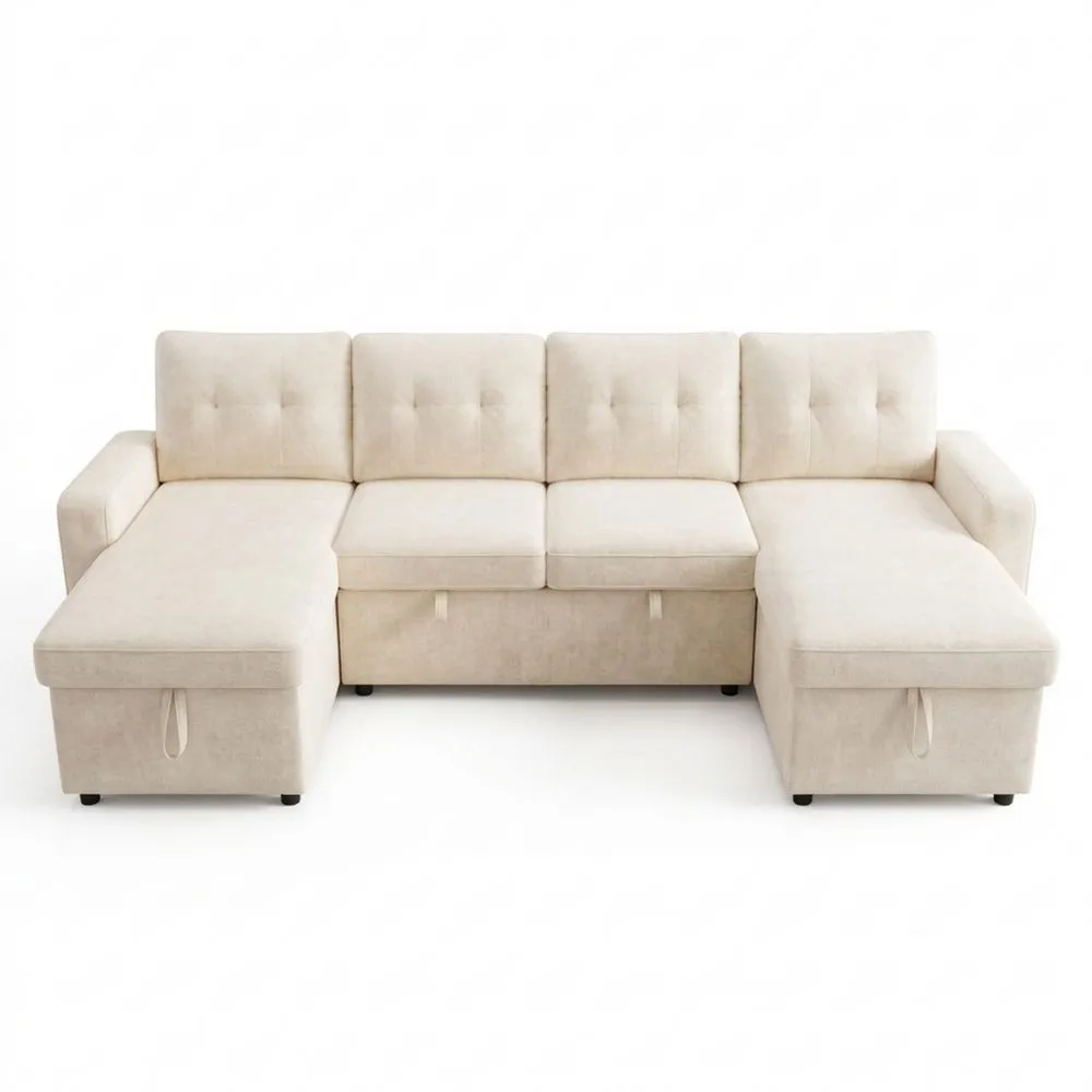 Sofá Cama Rinconero Beige con Función de Dormir y Chaiselongue Doble, Sofá Extensible en U con Almacenamiento Oculto, Sofá con Porta Bebidas y Reposabrazos