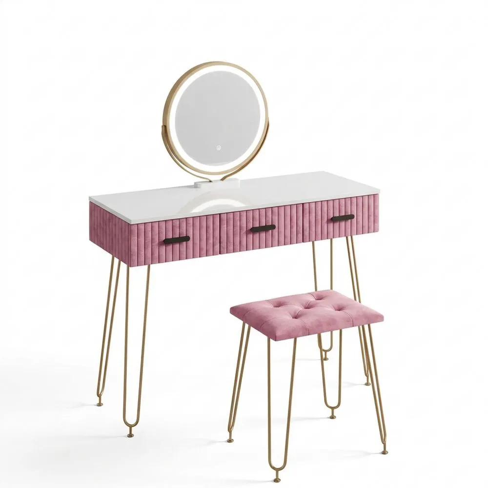 Tocador Rosa 100 cm con Iluminación LED y Taburete Acolchado