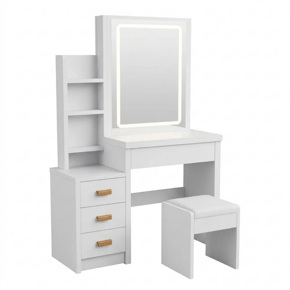 Tocador Moderno con Espejo y Luz LED, Mesa de Maquillaje con Taburete, Estantes y Cajones, para Dormitorio o Sala