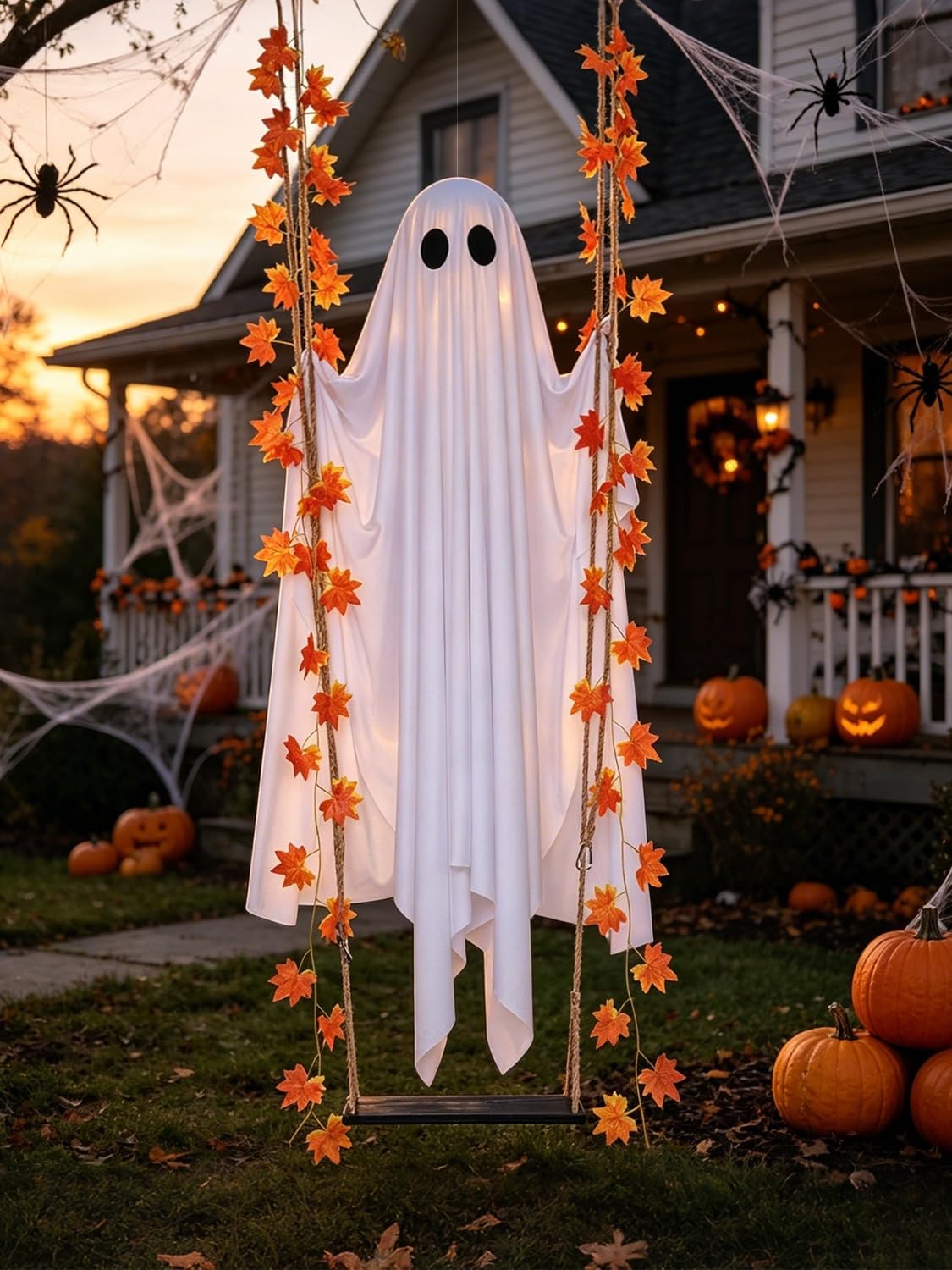 Hanging Swinging Ghost Halloween Decor - Outdoor Halloween Decoration with Ghost on a Swing for Garden, Yard, Porch or Tree, 3.9 FT Large Spooky Cute Ghost with String Lights, 5.9 FT Overall Length