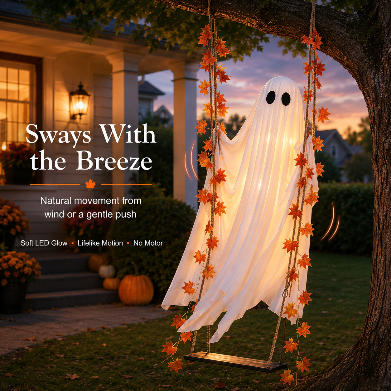 Hanging Swinging Ghost Halloween Decor - Outdoor Halloween Decoration with Ghost on a Swing for Garden, Yard, Porch or Tree, 3.9 FT Large Spooky Cute Ghost with String Lights