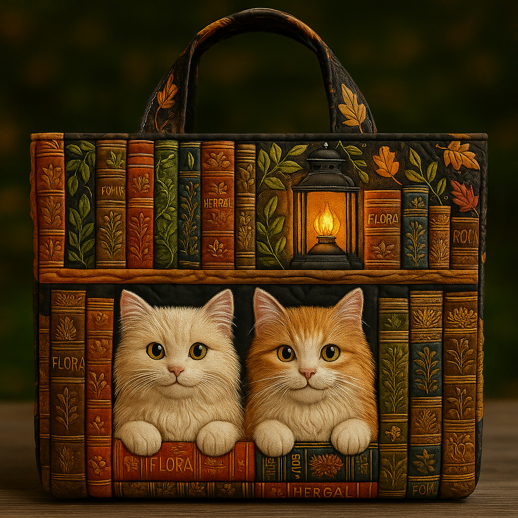 Whispers Between the Books — 3D Library Cat Quilted Tote Bag ✨