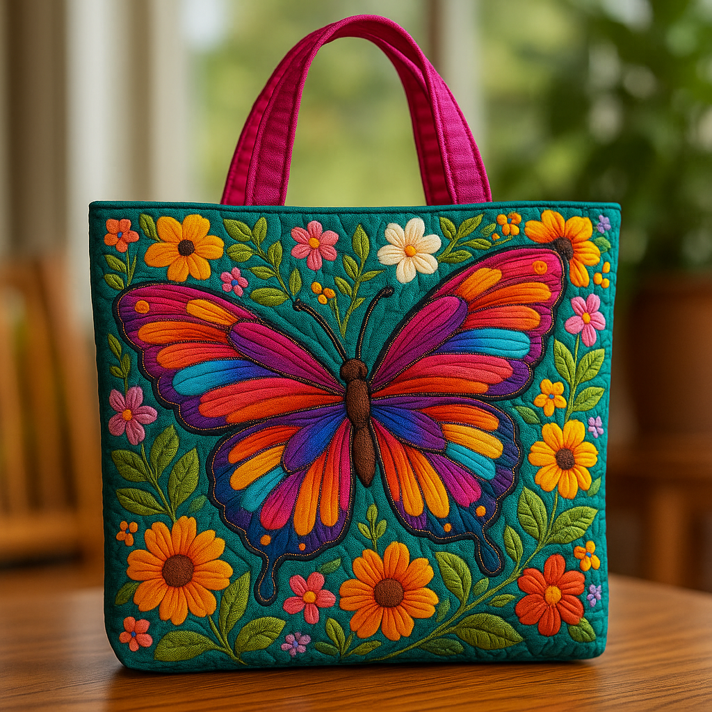 Rainbow Butterfly Quilted Tote Bag ⚡ Colorful Floral Patchwork Art